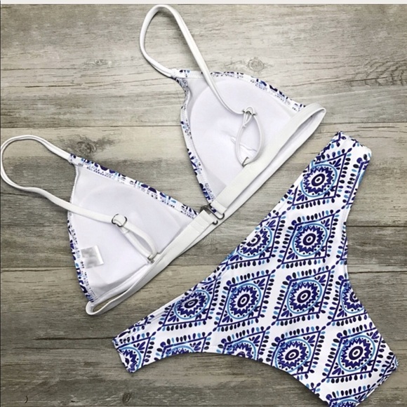 Boho Print Triangle Bikini Blue White Beachy Swim - Picture 3 of 3
